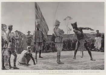 Der Guerillakrieg in Südafrika, eine Indaba im Kraal des Häuptlings Sipolilo durch Captain Peake, 65. Imperial Yeomanry, im Nord-Lo-Majunda-Distrikt